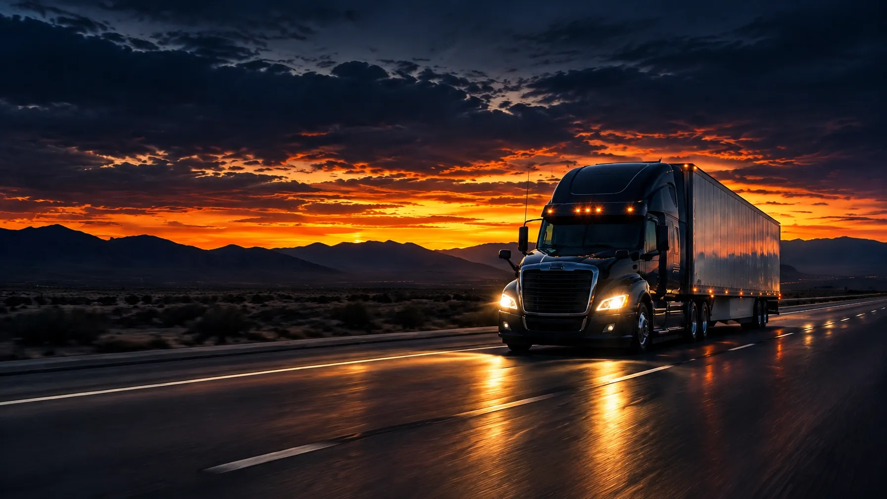 Semi truck driving along a highway at sunset