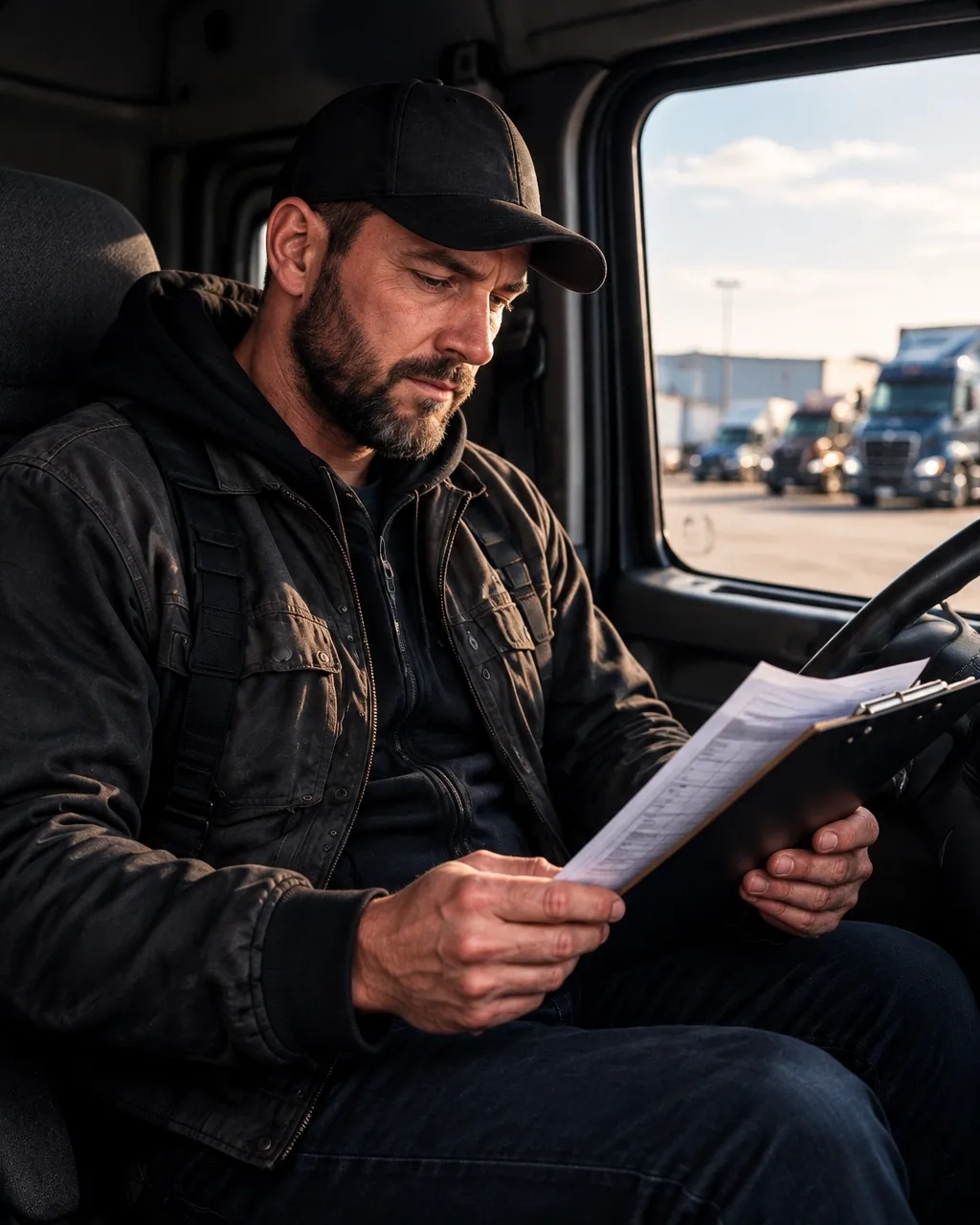 Owner-operator reviewing paperwork in the cab of his truck